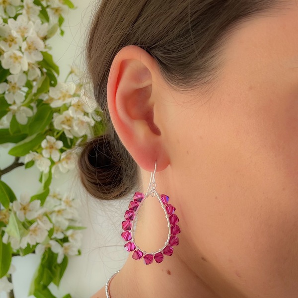 Fuchsia Pink Beaded Teardrop Earrings 