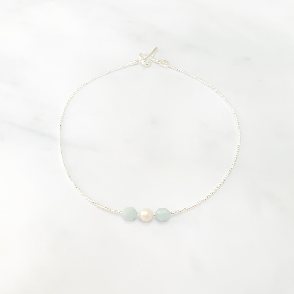 Aquamarine & Pearl Skinny Necklace