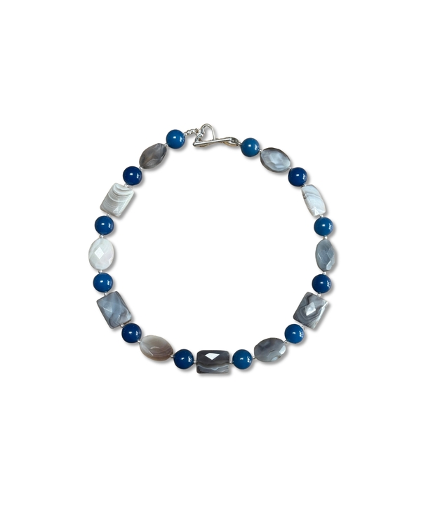 GREY BOTSWANA AGATE & BLUE AGATE CHUNKY NECKLACE