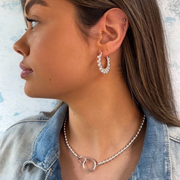 Silver beaded hoop earrings deals