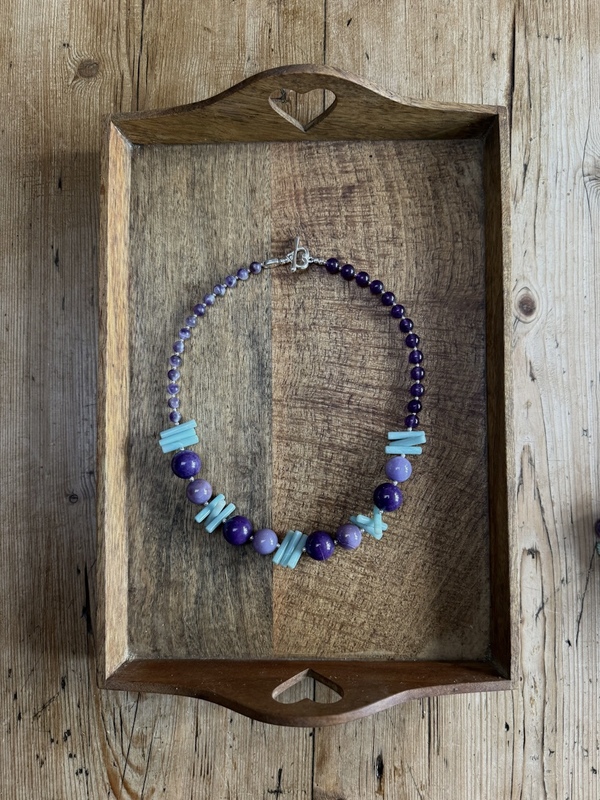 AMETHYST ,LEPIDOLITE & AMAZONITE STATEMENT NECKLACE
