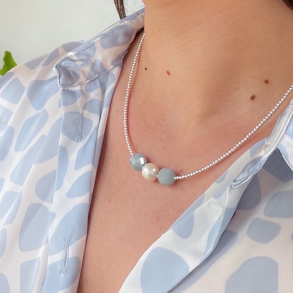 Aquamarine & Pearl Skinny Necklace