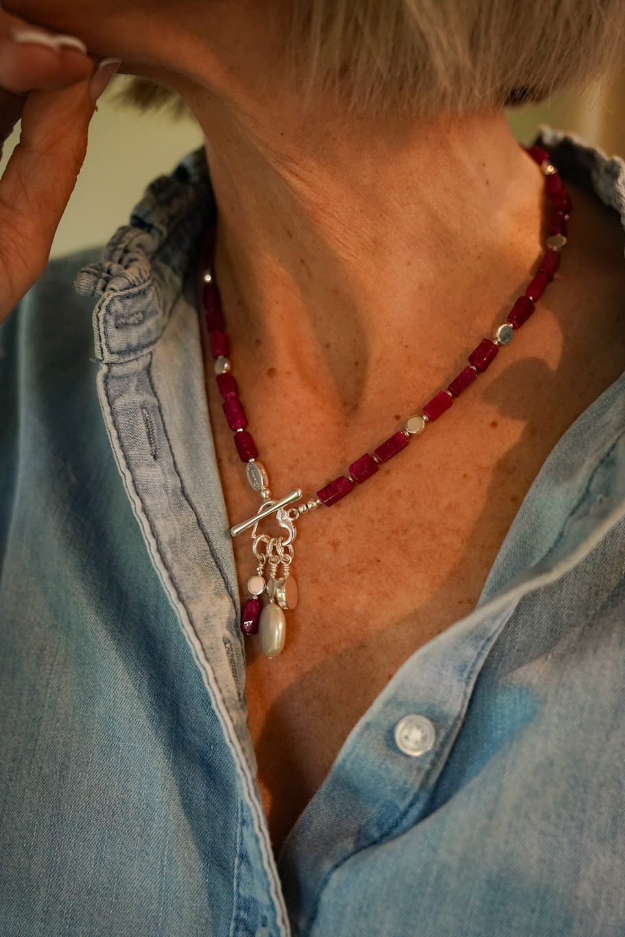 Ruby & Coin Pearl Cluster Necklace