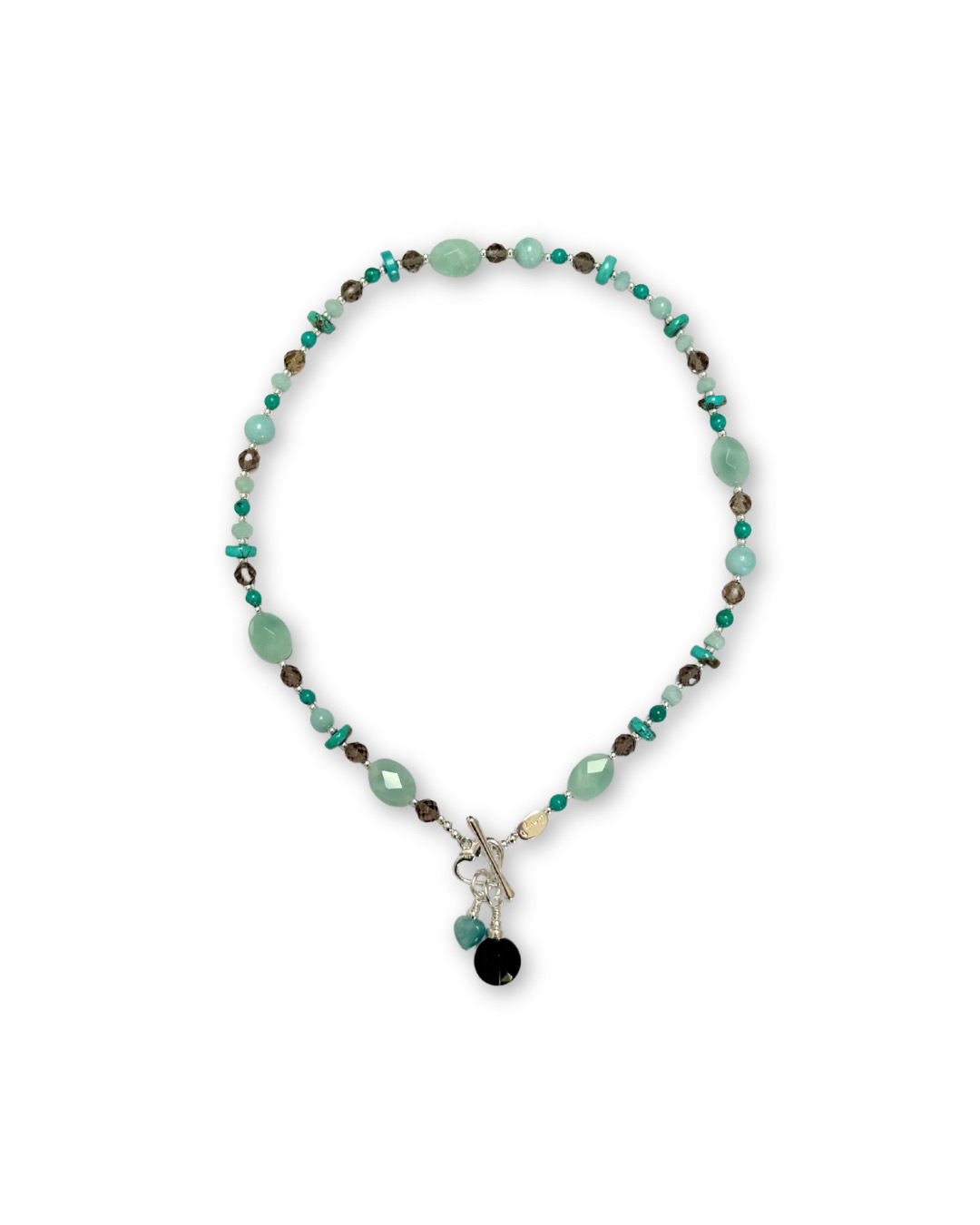 AMAZONITE, TURQUOISE & SMOKEY QUARTZ FRONT FASTEN NECKLACE