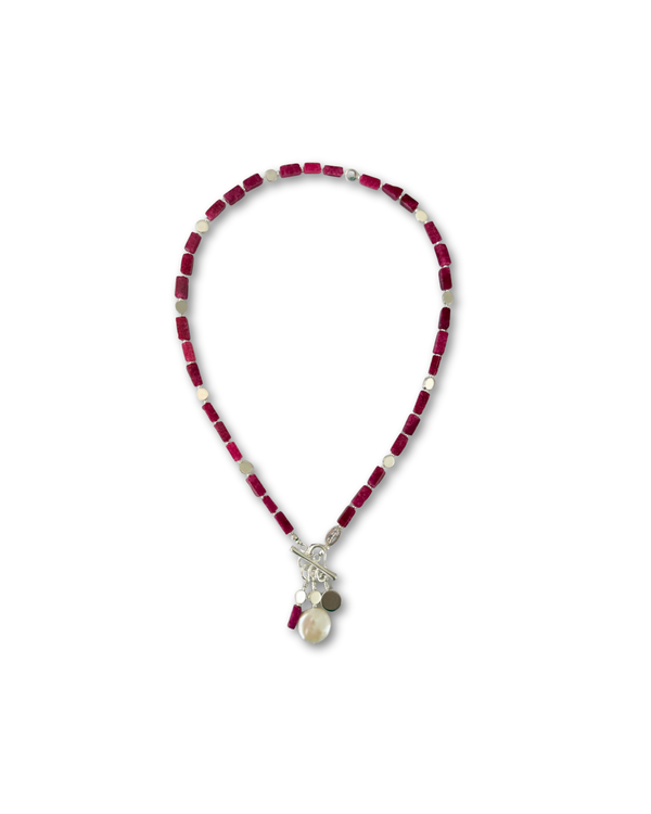 Ruby & Coin Pearl Cluster Necklace
